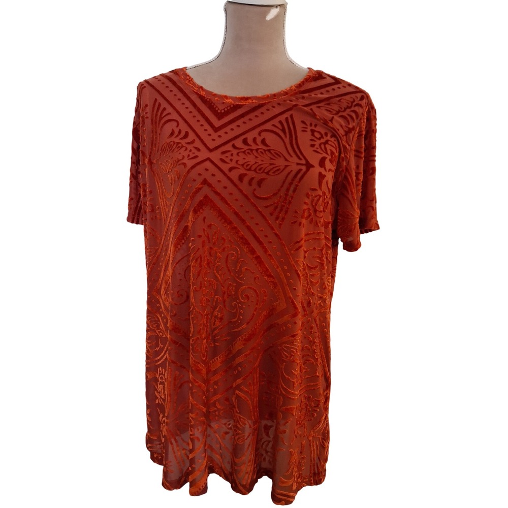 Burnout Velvet Burnout Top Short Sleeve Sheer Mesh Rust Orange Damask XL